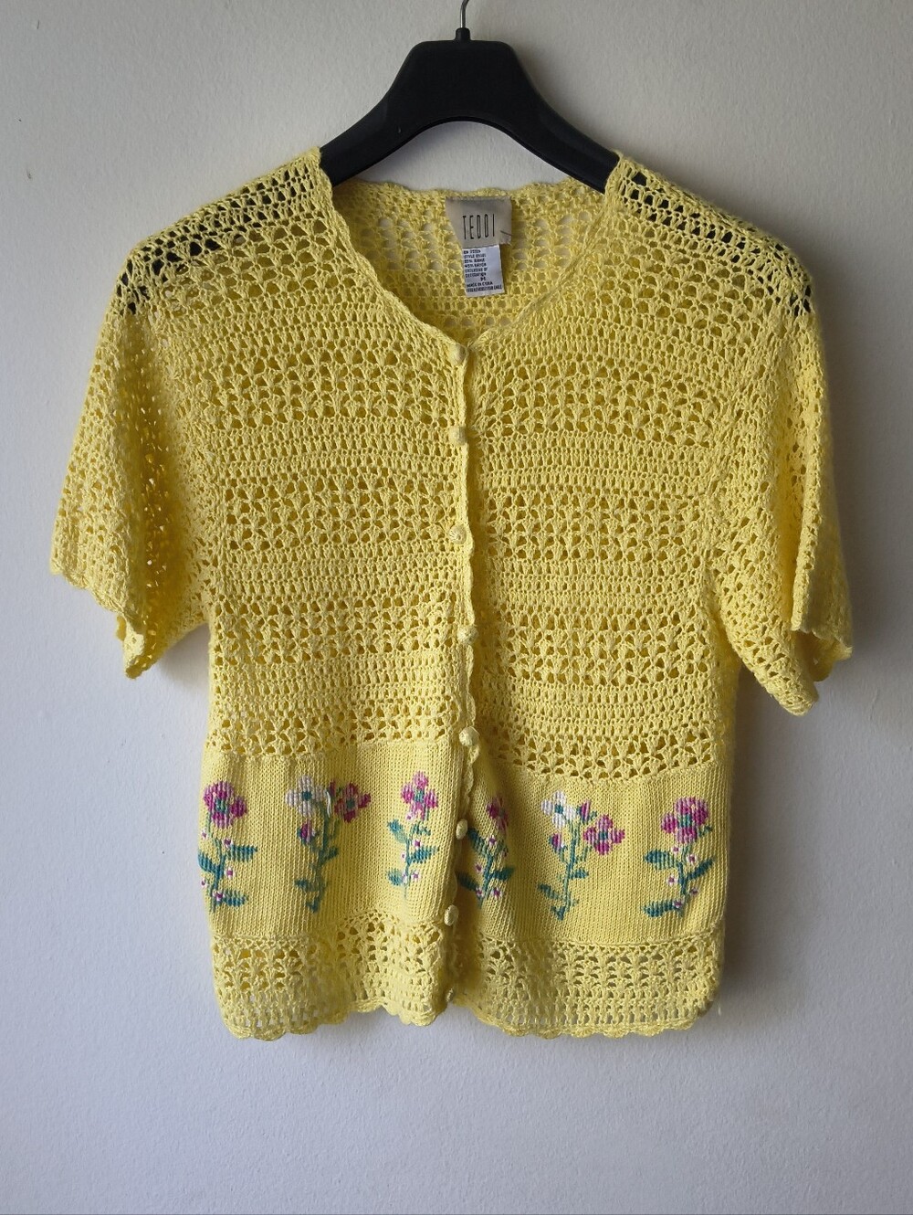Vintage Teddi Yellow Open Knit Crochet Cardigan Sweater Embroidered Floral Size